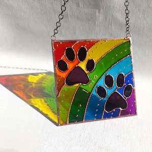 Personalized Rainbow Bridge Dog and Cat Memorial Keepsake. Hand Painted Stained Glass Sun catcher. Rainbow Paw Print Sun catcher image 1