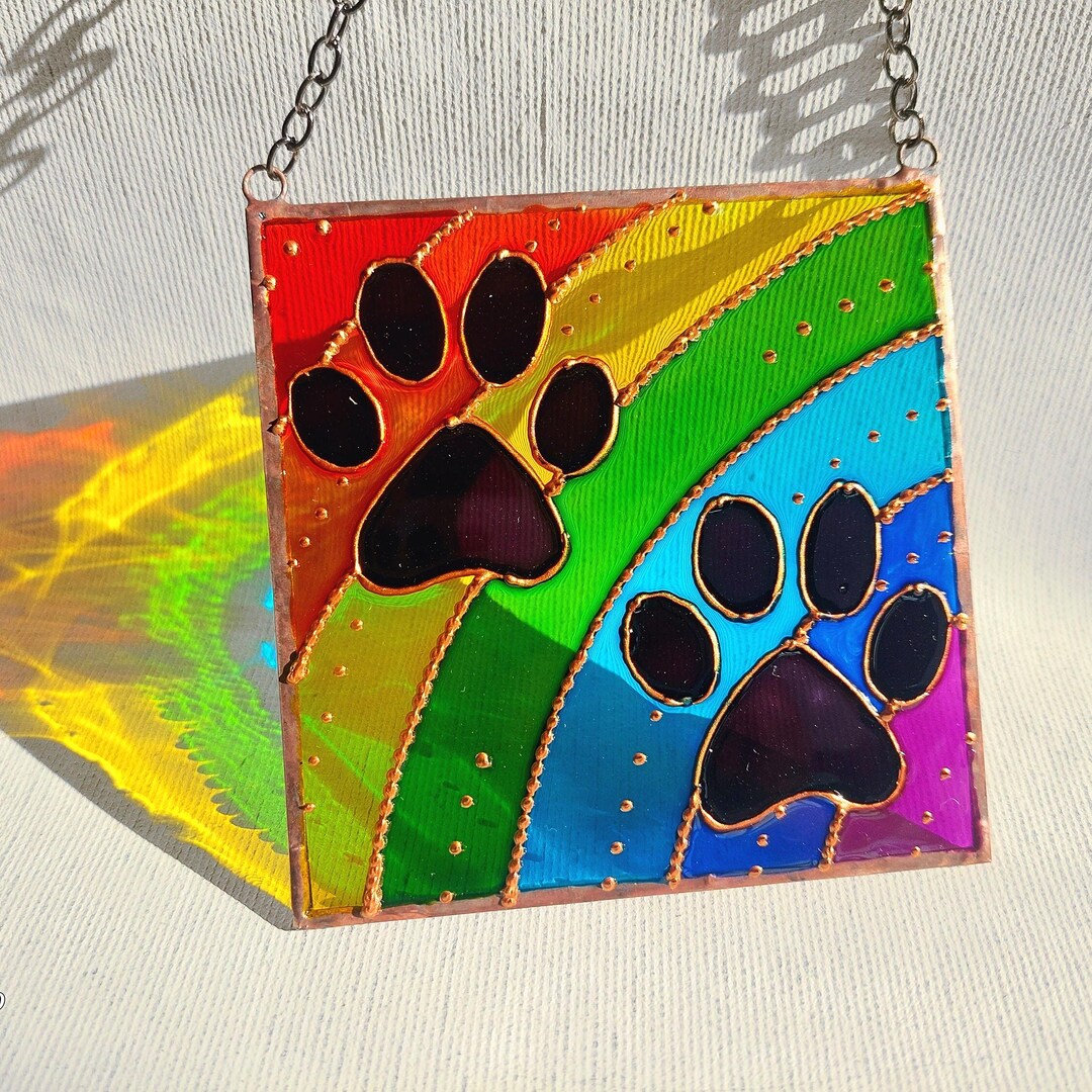 Personalized Pet Memorial Suncatcher, Custom Stained Glass Paw Print ...