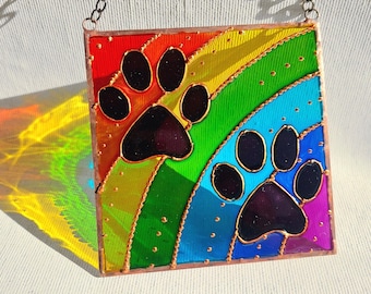Personalized Pet Memorial Suncatcher, Custom Stained Glass Paw Print, Dog or Cat Loss Gift, Rainbow Window Hanging, Pet Sympathy Keepsake