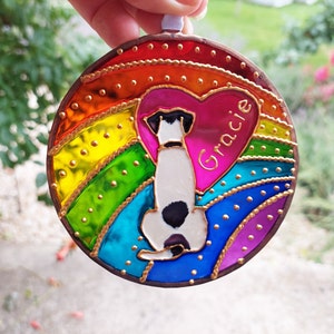 Rainbow Bridge Stained Glass. Dog memorial Sun catcher. Rainbow Heart Paw Print Sun catcher. Hand Painted Stained Glass. Pet loss Memorial