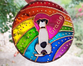 Rainbow Bridge Stained Glass. Dog memorial Sun catcher. Rainbow Heart Paw Print Sun catcher. Hand Painted Stained Glass. Pet loss Memorial