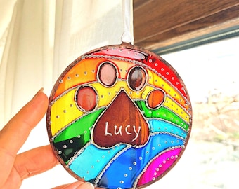 Rainbow Paw Print Suncatcher, Personalized Pet Memorial Gift, Stained Glass Dog or Cat Loss Keepsake, Rainbow Bridge Window Hanging