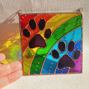 Personalized Rainbow Bridge Dog and Cat Memorial Keepsake. Hand Painted Stained Glass Sun catcher. Rainbow Paw Print Sun catcher #2