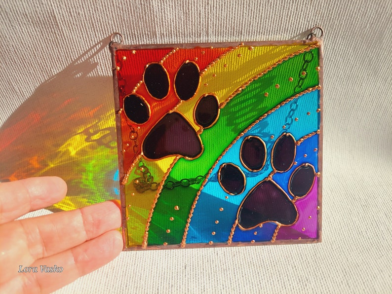 Personalized Rainbow Bridge Dog and Cat Memorial Keepsake. Hand Painted Stained Glass Sun catcher. Rainbow Paw Print Sun catcher #2