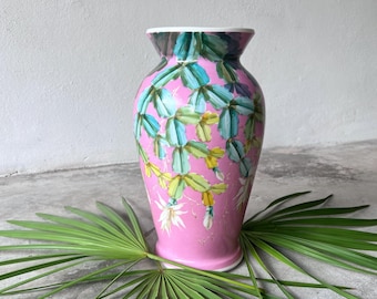 Vintage Hand-Painted Pink Christmas Cactus Chinoiserie Vase