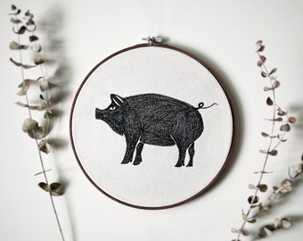 Machine Embroidery Pig Art in Frame