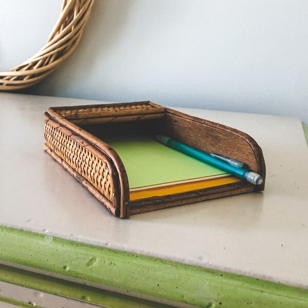 Vintage Wicker & Bamboo Notepad Holder