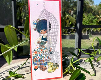 Vintage 1970s Plant Girl in Hanging Chair Print on MDF Board