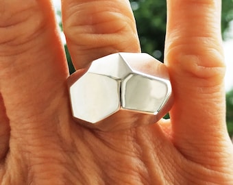 Chunky geometric sterling silver ring, Modern statement ring, Polygonal dome ring, Large fashion ring, Asymmetric band contemporary ring