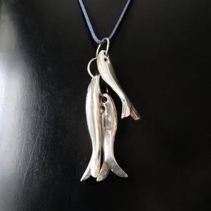 Fish trio pendant, Shoal of fish necklace, Minimalist sterling silver pendant, Sea life jewelry, Mediterranean marine life statement pendant