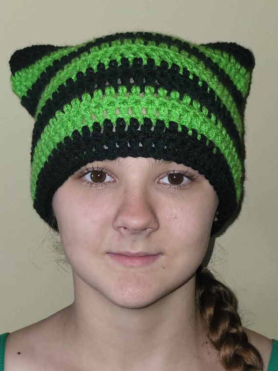 Black Lime Green Cat Ear Beanie