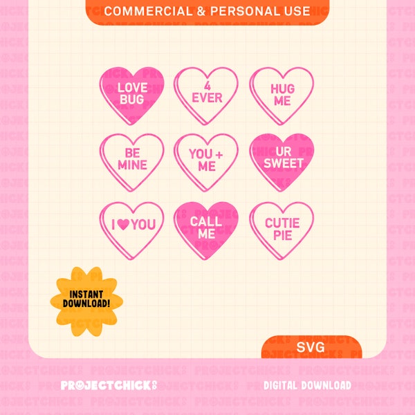 Conversation Hearts SVG || Hand-lettered Design | Valentine's Day Svg | Be Mine | Commercial Use | Cricut Cut File | Single Layer | Love You