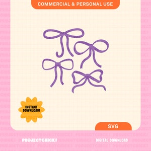 May include: Four purple bow illustrations on a light pink grid background. The image includes the text "COMMERCIAL & PERSONAL USE", "INSTANT DOWNLOAD!", "SVG", and "DIGITAL DOWNLOAD".