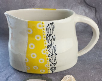 Hand Thrown, Squashed and Altered Slip Decorated Jug Flowers/Water Jug/Wine Jug Sunshine Yellow Slip/Black Floral Detailing