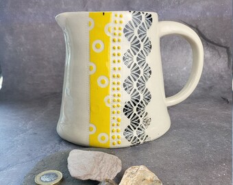 Hand Thrown, Squashed and Altered Slip Decorated Jug Flowers/Water Jug/Wine Jug Sunshine Yellow Slip/Black Detailing