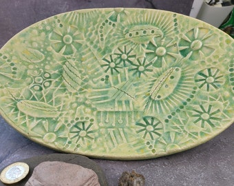 Handmade Serving Dish, Japanese Style raised on Four Feet - Unique Textured Surface in Soft Meadow Green Glaze