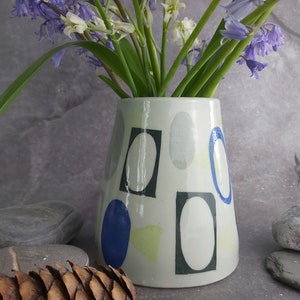 Handmade Wheel Thrown Conical Vase with Glazed Interior Retro Theme Light/Dark Grey and Blue Unique Retro Design Housewarming/Gift image 7