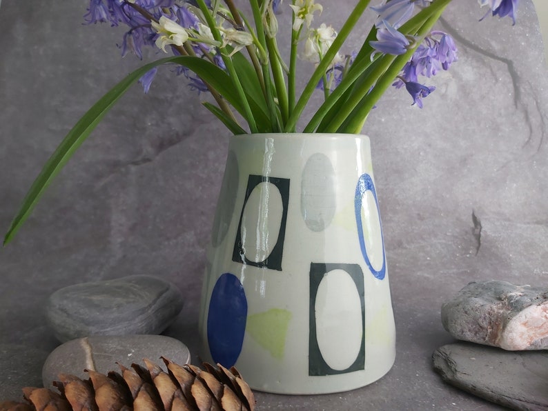 Handmade Wheel Thrown Conical Vase with Glazed Interior Retro Theme Light/Dark Grey and Blue Unique Retro Design Housewarming/Gift image 7