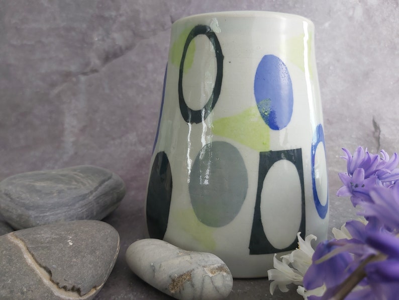Handmade Wheel Thrown Conical Vase with Glazed Interior Retro Theme Light/Dark Grey and Blue Unique Retro Design Housewarming/Gift image 2