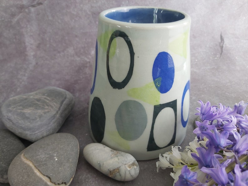 Handmade Wheel Thrown Conical Vase with Glazed Interior Retro Theme Light/Dark Grey and Blue Unique Retro Design Housewarming/Gift image 3