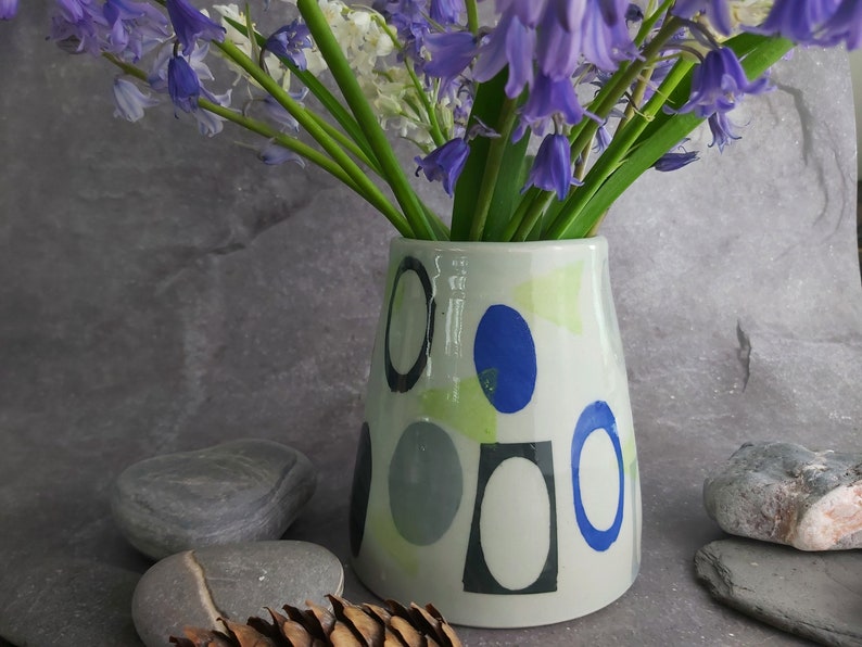 Handmade Wheel Thrown Conical Vase with Glazed Interior Retro Theme Light/Dark Grey and Blue Unique Retro Design Housewarming/Gift image 1