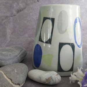 Handmade Wheel Thrown Conical Vase with Glazed Interior Retro Theme Light/Dark Grey and Blue Unique Retro Design Housewarming/Gift image 6