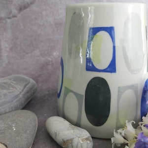 Handmade Wheel Thrown Conical Vase with Glazed Interior Retro Theme Light/Dark Grey and Blue Unique Retro Design Housewarming/Gift image 4