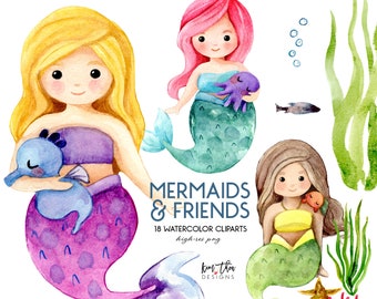Puede incluir: Conjunto de clipart de acuarela con tres sirenas con colas y cabello de diferentes colores. Las sirenas sostienen criaturas marinas, incluyendo un caballito de mar, un pulpo y un pez. El conjunto también incluye algas marinas, una estrella de mar y coral.
