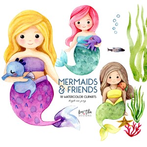 May include: Watercolour clipart set featuring three mermaids with different coloured tails and hair. The mermaids are holding sea creatures, including a seahorse, an octopus, and a fish. The set also includes seaweed, a starfish, and coral.