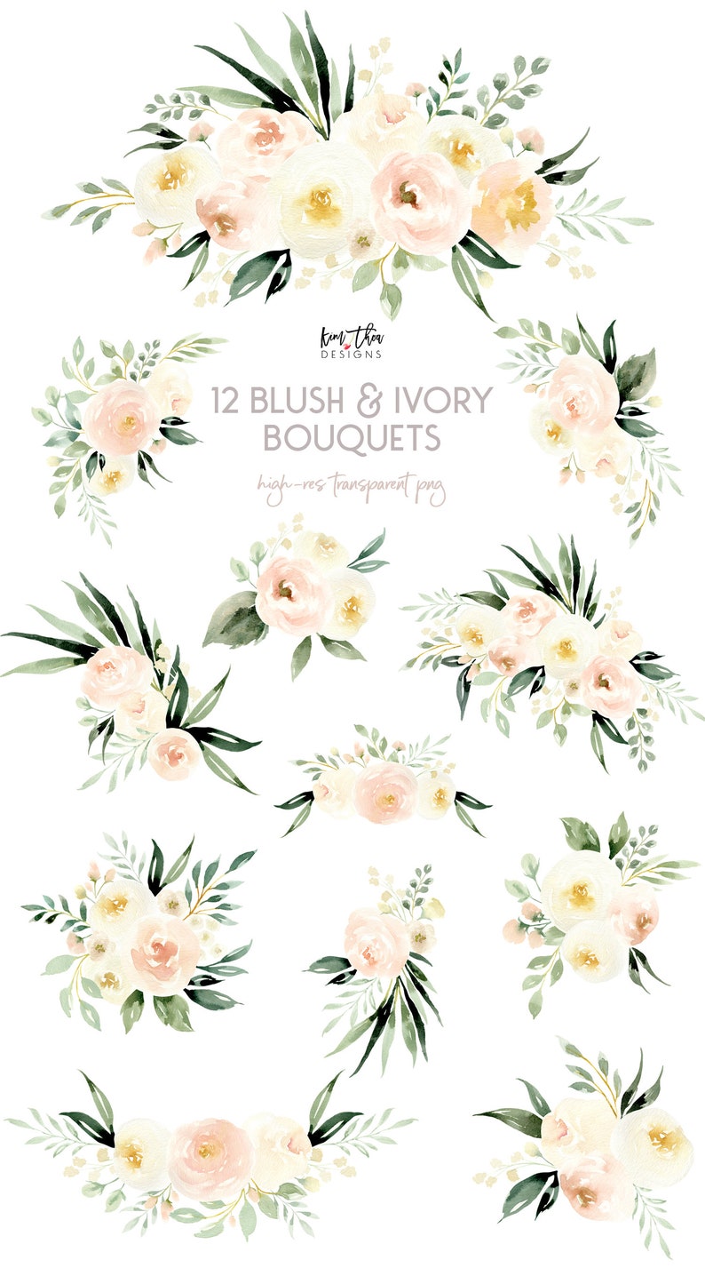Blush and Ivory Watercolor Flowers With Greenery Etsy
