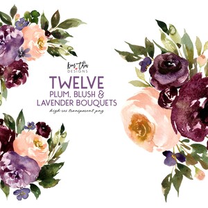 Clipart de fleur d’aquarelle pourpre | Prune, blush et lavande Floral Clipart PNG image 2