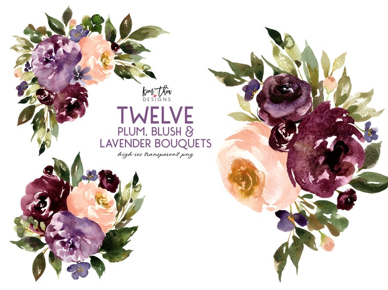 Clipart de fleur d’aquarelle pourpre | Prune, blush et lavande Floral Clipart PNG image 2