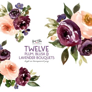 Clipart de fleur d’aquarelle pourpre | Prune, blush et lavande Floral Clipart PNG image 4