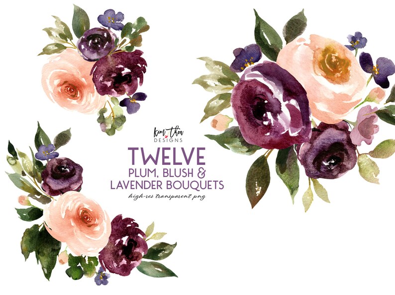 Clipart de fleur d’aquarelle pourpre | Prune, blush et lavande Floral Clipart PNG image 4