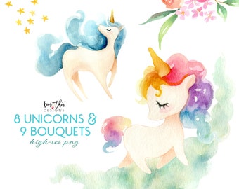 Unicorn Watercolor Clipart and Floral Bouquets