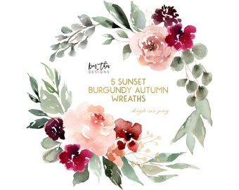 Bourgogne et Blush Couronne d'automne Floral Aquarelle Clipart