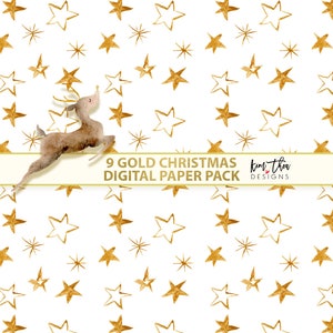 May include: A digital paper pack with 9 gold Christmas patterns featuring a reindeer and gold stars on a white background. The text "9 Gold Christmas Digital Paper Pack" and "Kim Tha Designs" is included in the image.