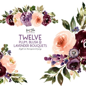 Clipart de fleur d’aquarelle pourpre | Prune, blush et lavande Floral Clipart PNG image 3