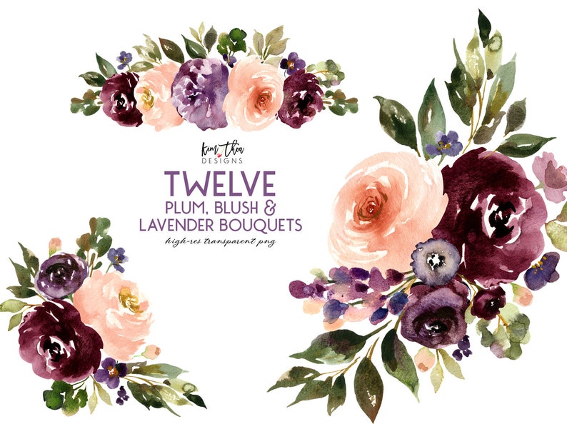 Clipart de fleur d’aquarelle pourpre | Prune, blush et lavande Floral Clipart PNG image 3