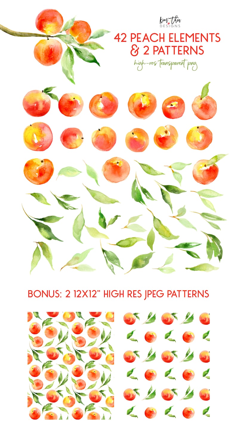 May include: Watercolor illustration of 42 peach elements and 2 patterns. The image includes individual peaches, leaves, and two seamless patterns of peaches and leaves. The text "42 PEACH ELEMENTS & 2 PATTERNS" and "BONUS: 2 12X12" HIGH RES JPEG PATTERNS" is included in the image.