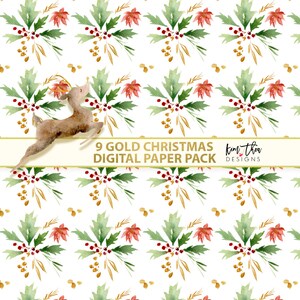 May include: A seamless digital paper pattern featuring a repeating design of green holly leaves, red berries, and gold accents. The pattern includes a stylized reindeer jumping over a banner that reads "9 GOLD CHRISTMAS DIGITAL PAPER PACK kim tha designs".