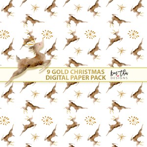 May include: A seamless pattern featuring a gold reindeer with antlers jumping over a white background with gold stars and fireworks. The text "9 GOLD CHRISTMAS DIGITAL PAPER PACK Kim Tha Designs" is at the bottom of the image.