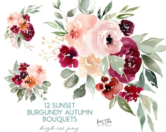 Sunset Burgundy Autumn Floral Watercolor Clipart