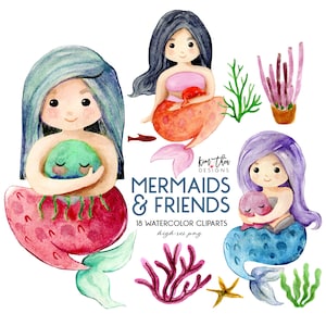 May include: Watercolour clipart set featuring three mermaids with different coloured hair and tails, each holding a sea creature. The set also includes coral, seaweed, and a starfish. The text "Mermaids & Friends" and "18 Watercolor Cliparts" is included in the image.