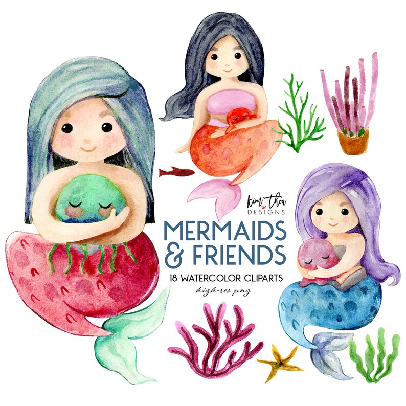 May include: Watercolour clipart set featuring three mermaids with different coloured hair and tails, each holding a sea creature. The set also includes coral, seaweed, and a starfish. The text "Mermaids & Friends" and "18 Watercolor Cliparts" is included in the image.