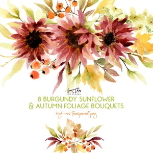 Burgundy Sunflowers and Autumn Foliage Watercolor Clipart
