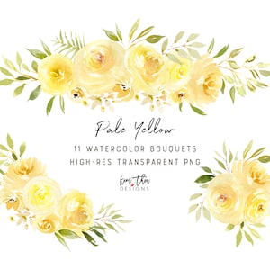 Pale Yellow Floral Watercolor Clipart | Light Yellow Watercolor Floral Clipart | Yellow Flower Clipart PNG | Yellow Rose Watercolor Flowers