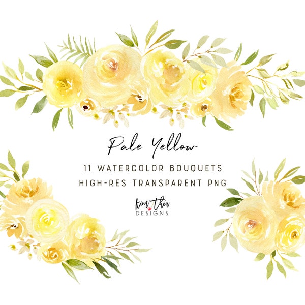 Pale Yellow Floral Watercolor Clipart | Light Yellow Watercolor Floral Clipart | Yellow Flower Clipart PNG | Yellow Rose Watercolor Flowers