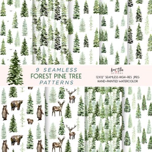 Pine Tree Wilderness Forest Digital Paper Pack Seamless 12X12" High-Res JPEG