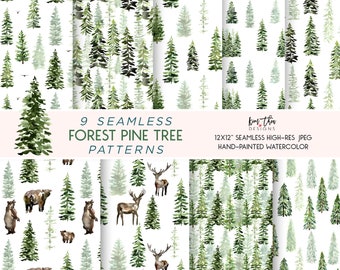 Pine Tree Wilderness Forest Digital Paper Pack Seamless 12X12" High-Res JPEG
